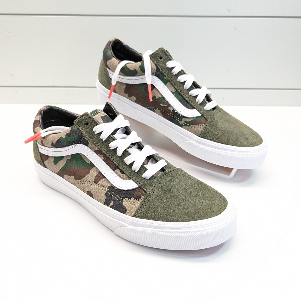 Vans Old Skool Camo Military Olive Green White Suede Canvas Sneakers Women's 8